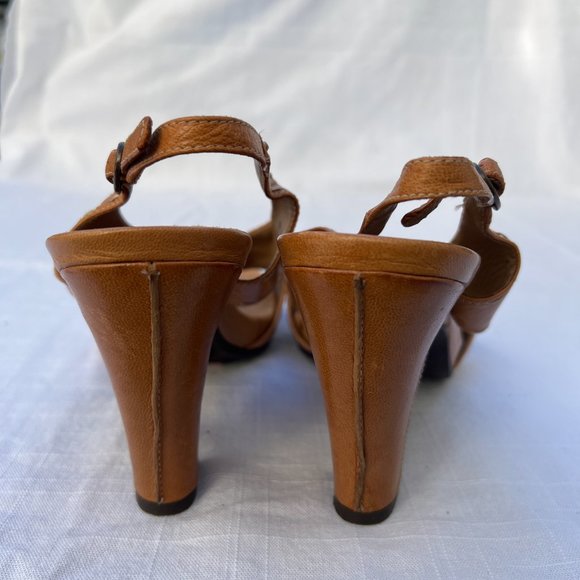 Umberto Raffini Open Toe Slip On Strappy Stitching Details High 4" Heel Tan Sz10 - Picture 6 of 7